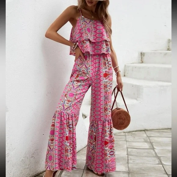 Boho Floral Paisley Ruffle Print Wide Leg Palazzo Pants Crop Cami Top Set Pink - Picture 2 of 9